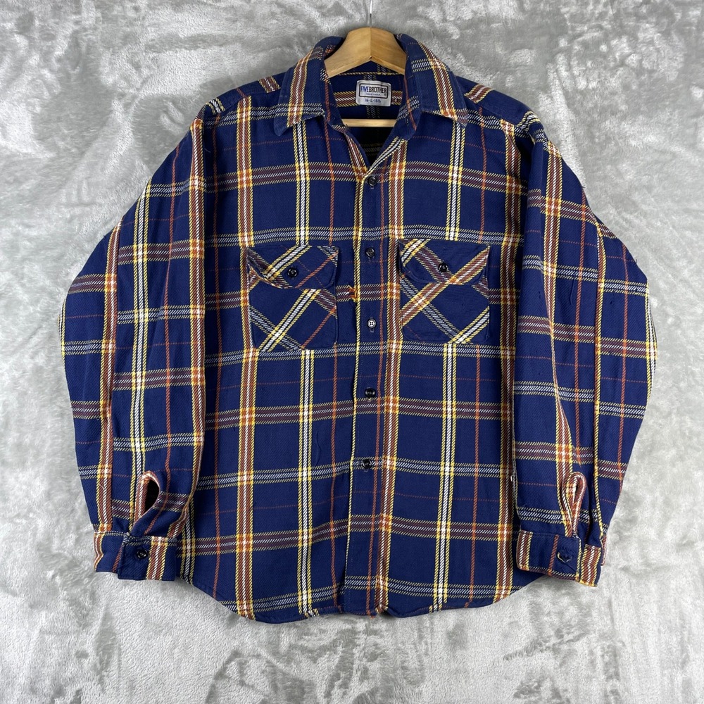 Vintage 70s FiveBrother Flannel Shirt Mens L Blue Plaid Heavyweight Distress USA